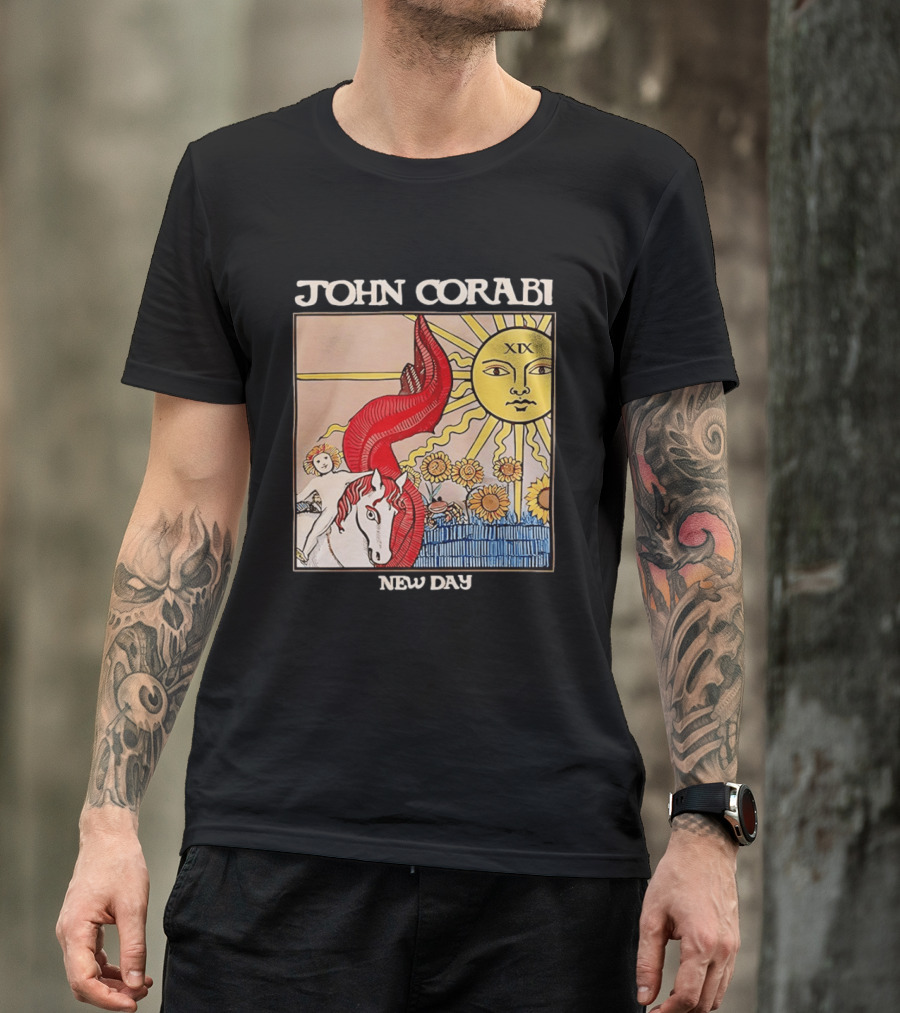 John Corabi New Day The Sun XIX Tarot Card Rider And Sunflowers T-Shirt