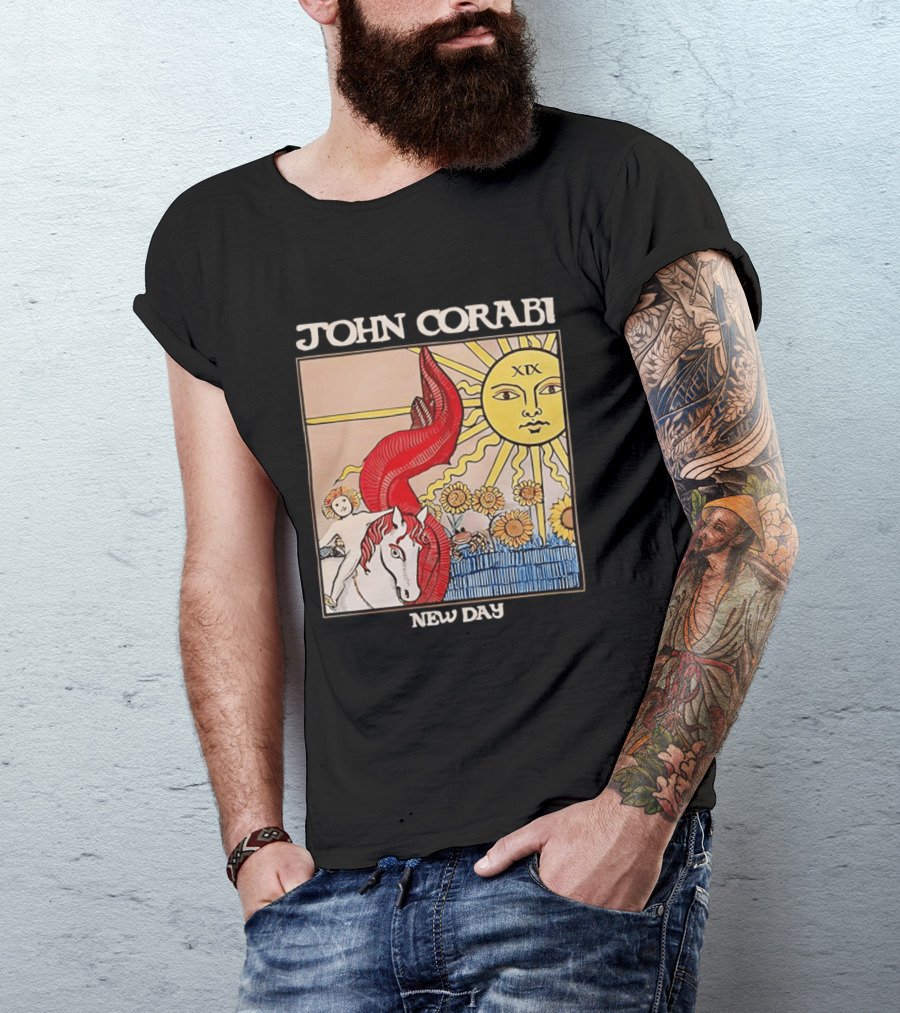 John Corabi New Day The Sun XIX Tarot Card Rider And Sunflowers T-Shirt