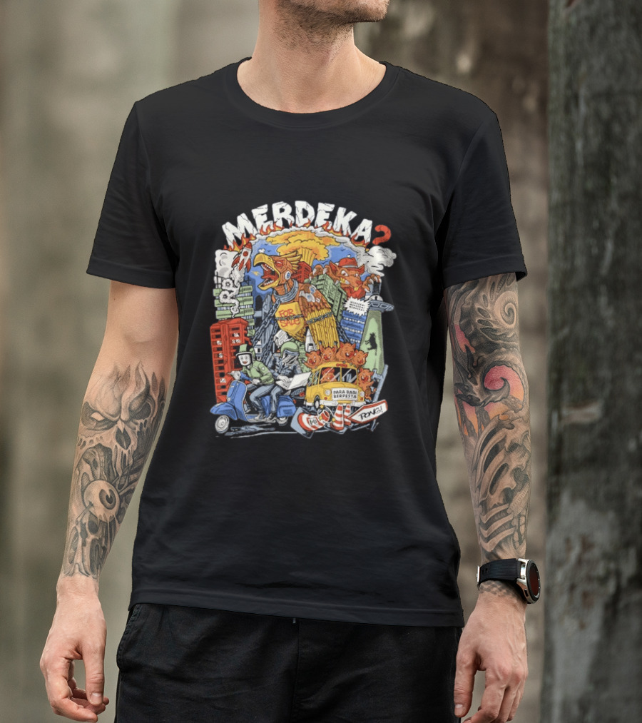 Merdeka Para Babi Berpesta Satire Indonesian Illustration With Cityscape And Mythical Creatures T-Shirt