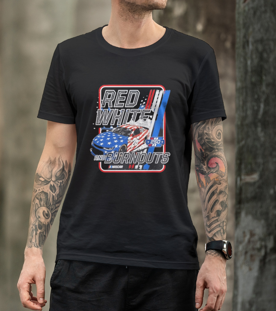 NASCAR Red White Burnouts 250 Racing Car 26 Stars Stripes T-Shirt