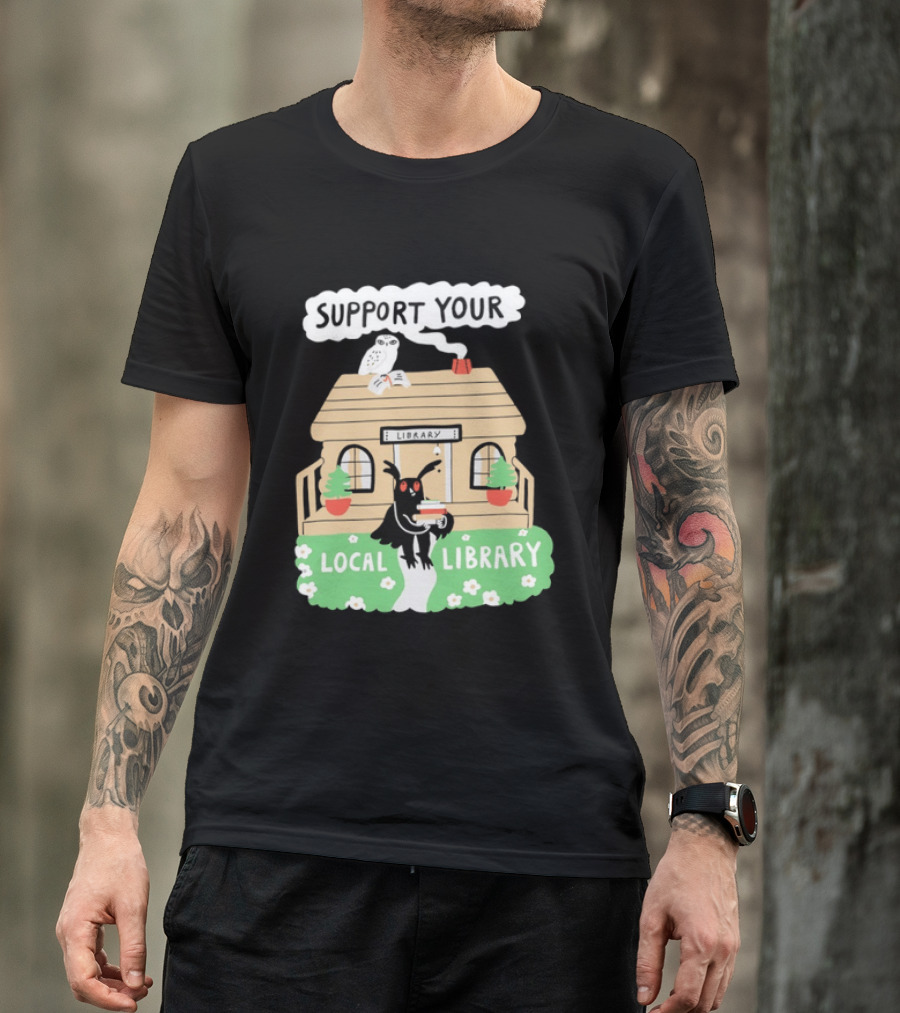 Support Your Local Library Mothman With Books And Cozy Cabin Reading T-Shirt