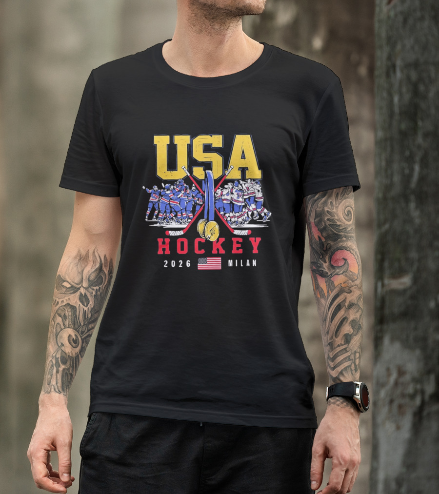 USA Hockey 2026 Milan Gold Medal Celebration Team USA Flag T-Shirt