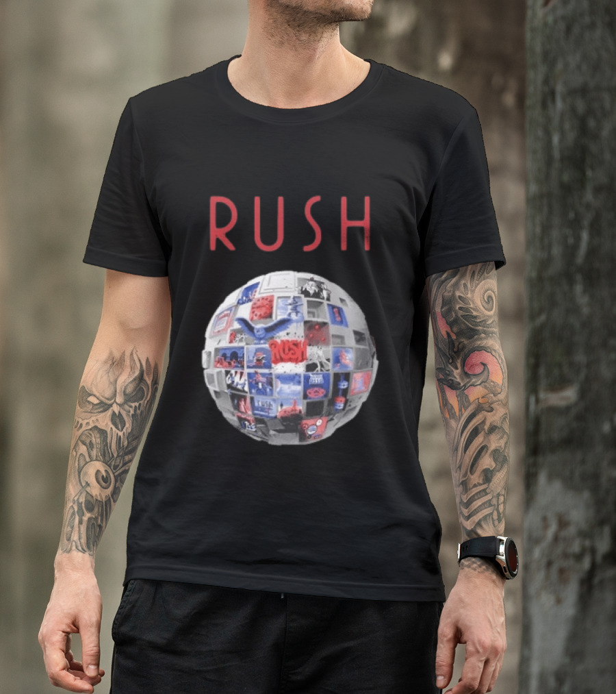 Rush All The World's An Album Tour 2026 2027 History Iconic Sphere Collage T-Shirt