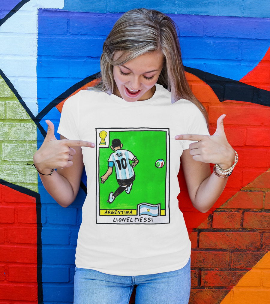 Lionel Messi Argentina Number 10 Football Card With World Cup And National Flag T-Shirt
