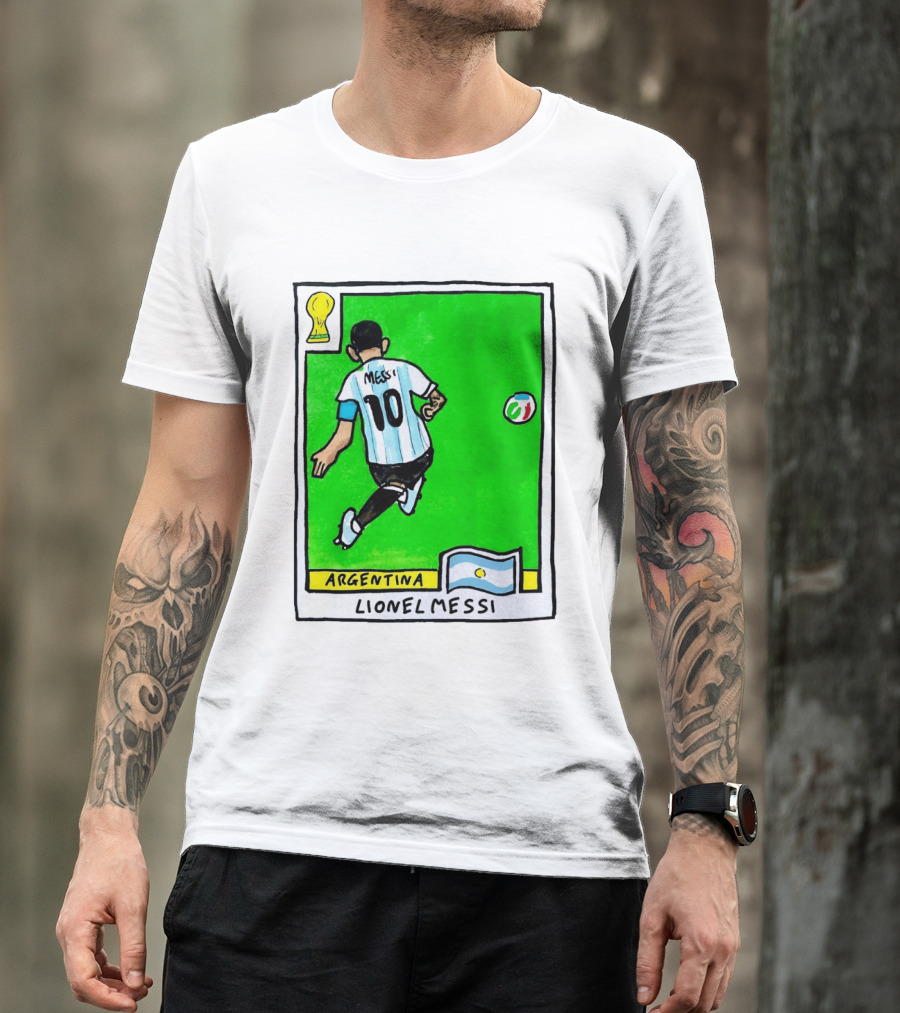 Lionel Messi Argentina Number 10 Football Card With World Cup And National Flag T-Shirt