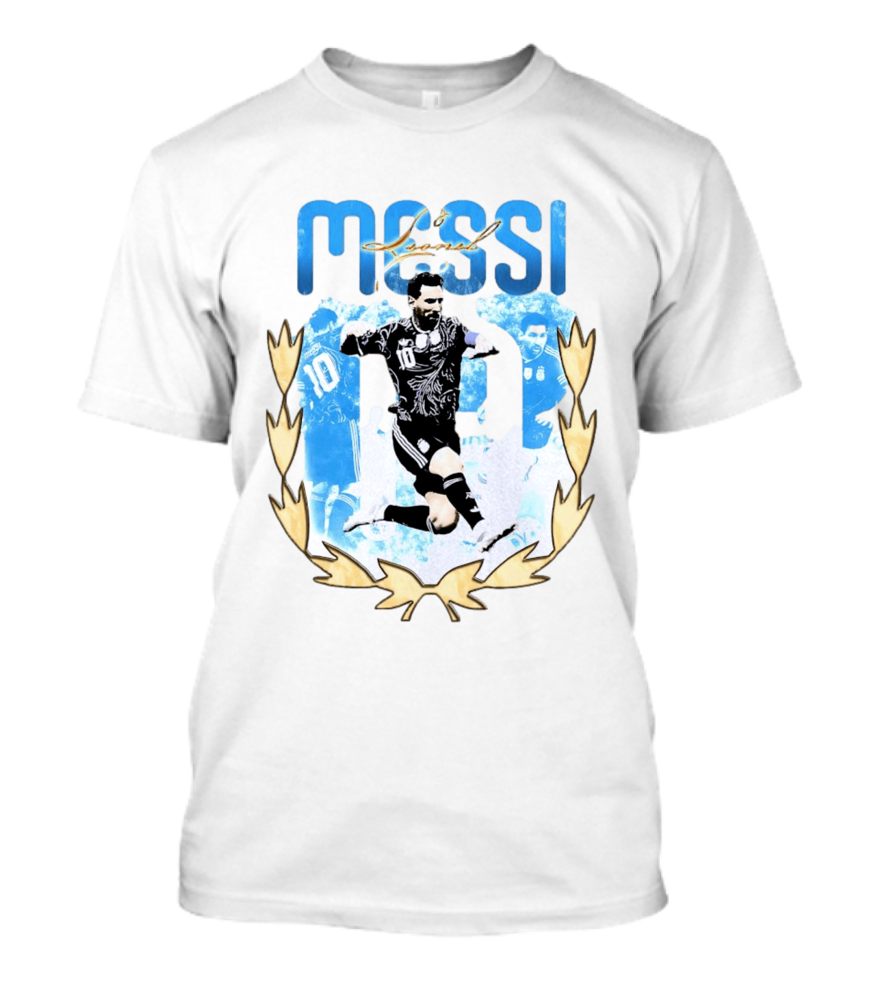 Messi 10 Sliding Celebration With Gold Laurel Wreath T-Shirt
