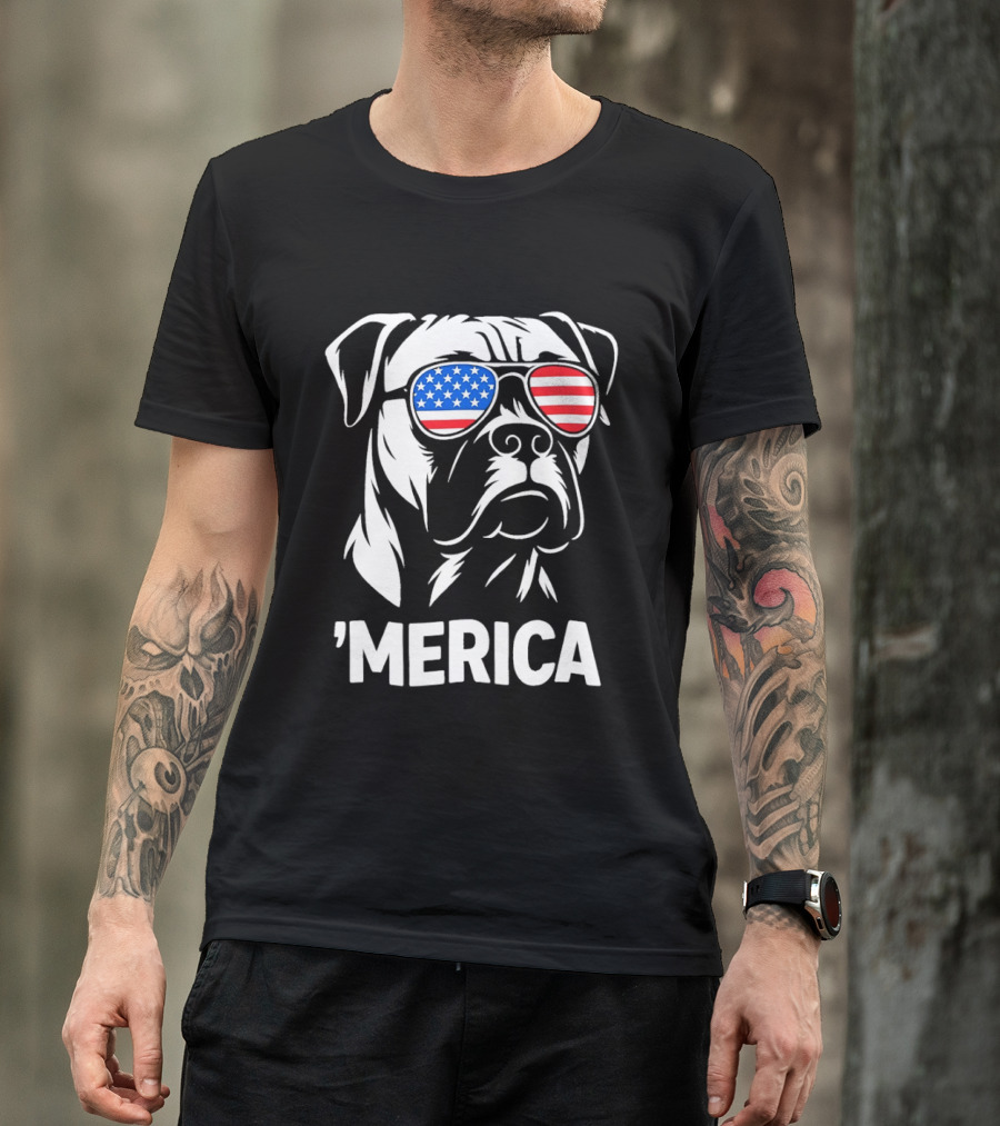 American Bulldog With USA Flag Sunglasses 'Merica T-Shirt