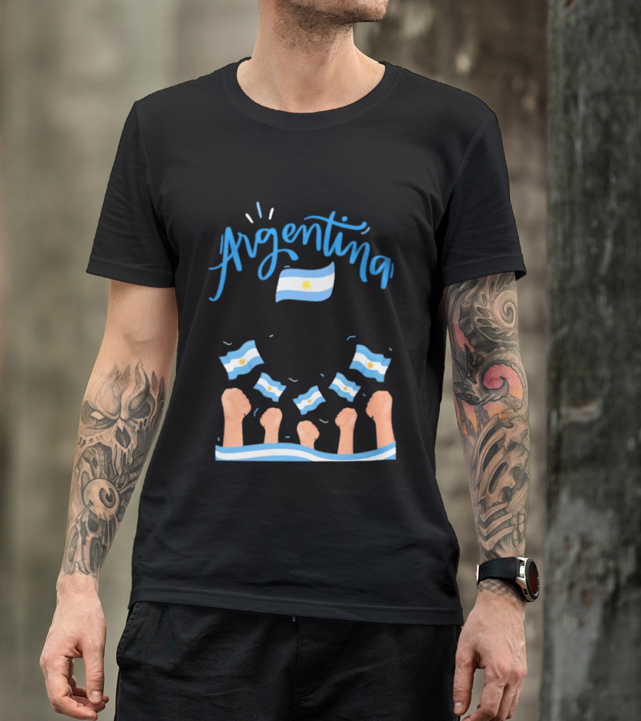 Argentina Celebration Raised Fists Waving Flags Enthusiastic Spirit T-Shirt