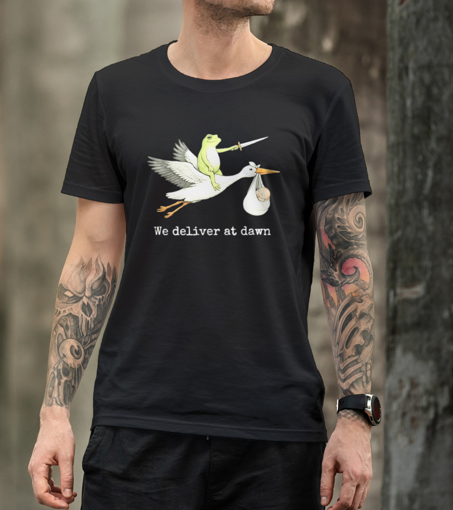 Frog Riding Stork With Sword We Deliver At Dawn T-Shirt
