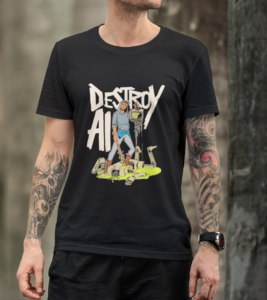 Destroy AI Sci Fi Cyberpunk Robot Resistance Heroic Battle Scene T-Shirt