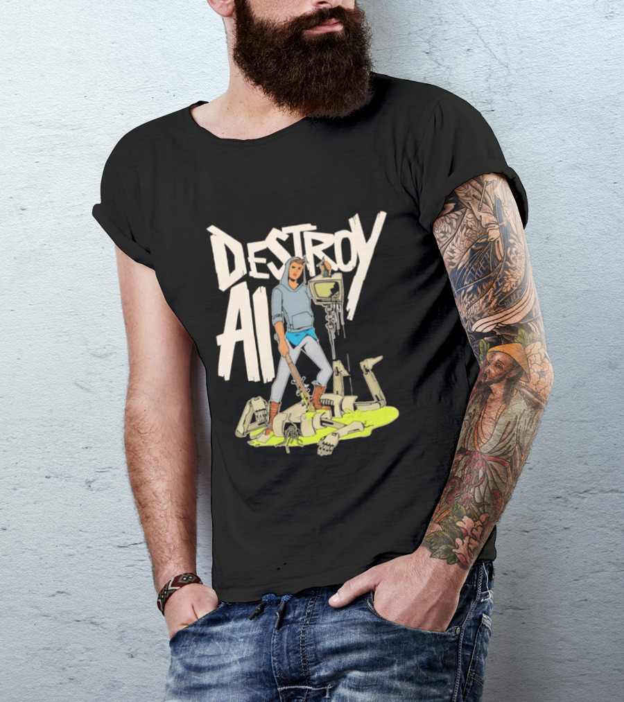 Destroy AI Sci Fi Cyberpunk Robot Resistance Heroic Battle Scene T-Shirt
