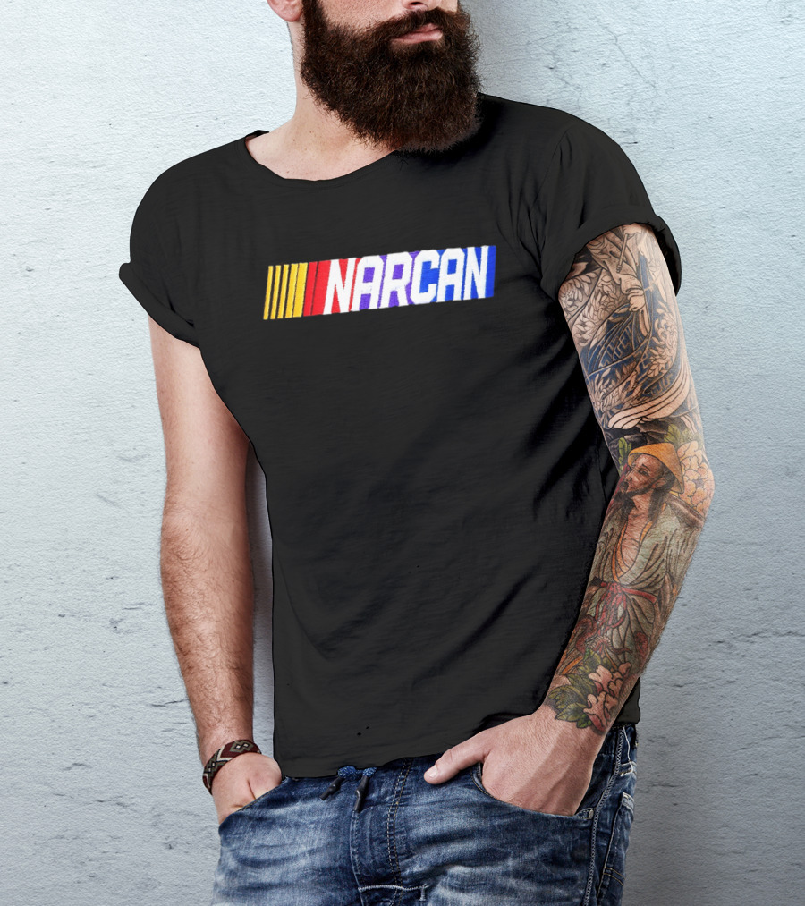 NASCAR Style NARCAN Text With Racing Stripes T-Shirt