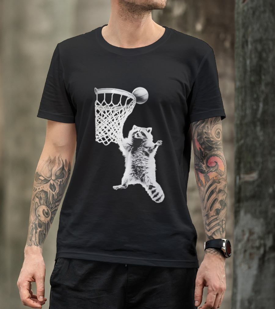 Raccoon Dunking Basketball Fun Animal Sports Play T-Shirt