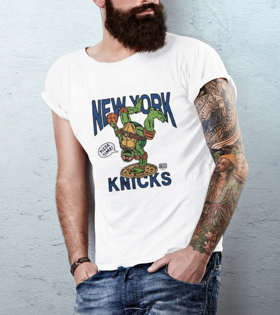 New York Knicks Michelangelo TMNT Pizza Time Basketball Dunk T-Shirt