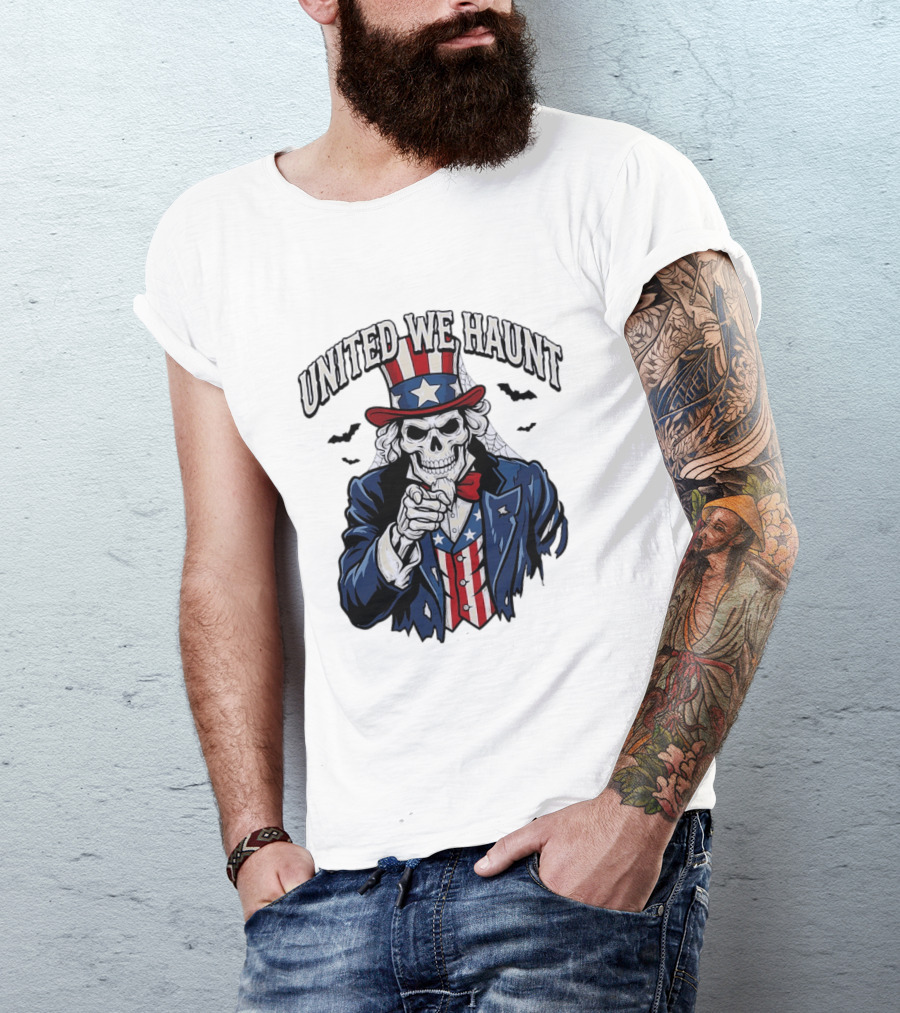 Uncle Sam Skeleton Pointing United We Haunt Halloween Bats T-Shirt
