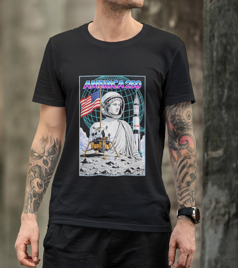America 250 Apollo Space Rocket NASA Flag Astronaut Statue Moon T-Shirt