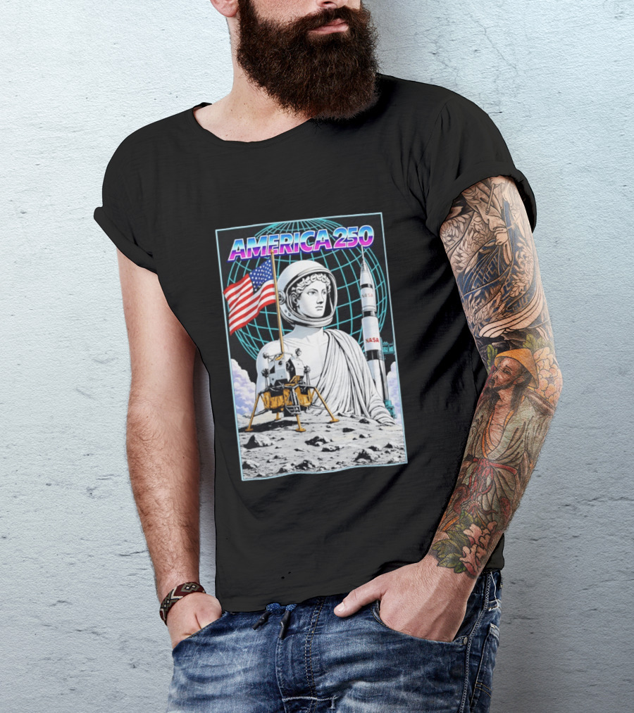 America 250 Apollo Space Rocket NASA Flag Astronaut Statue Moon T-Shirt