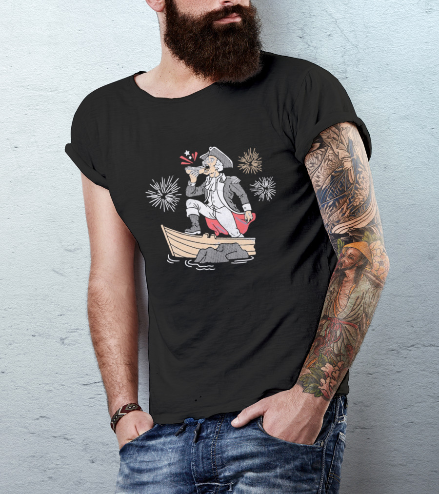 George Washington On Boat Eating Hot Dog With Fireworks Display T-Shirt