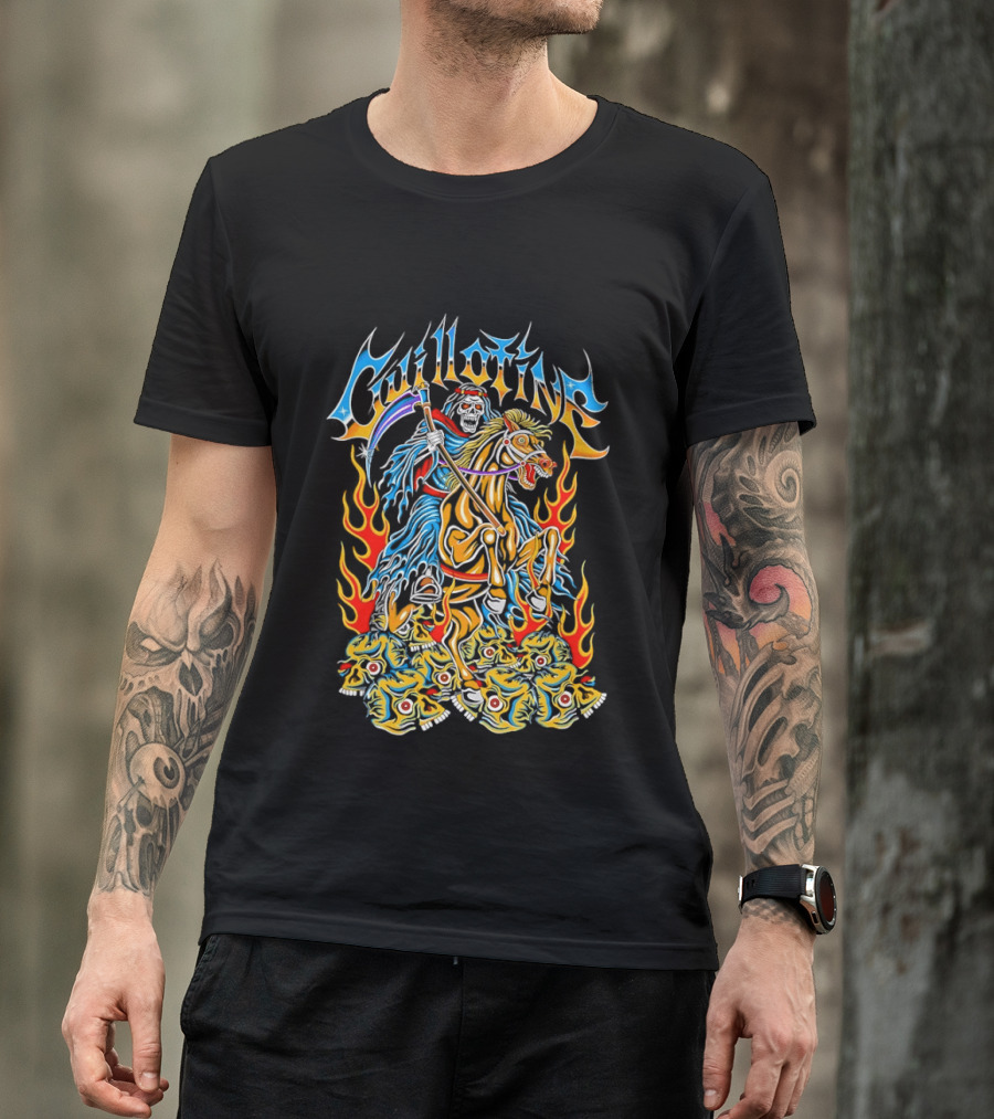 Guillotine Grim Reaper Riding Fiery Horse With Skull And Flames Heavy Metal Concert T-Shirt