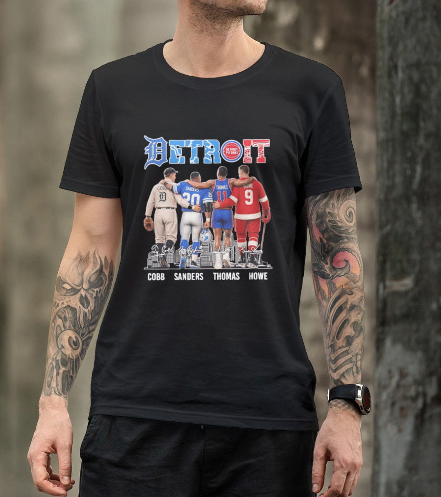 Detroit Icons Ty Cobb Barry Sanders Isiah Thomas Gordie Howe Signatures Skyline T-Shirt