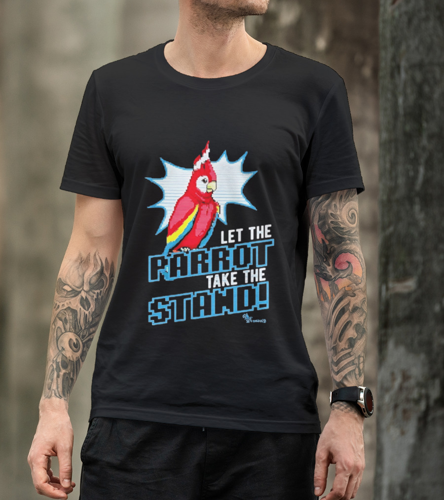 Let The Parrot Take The Stand Vibrant Red Bird With Santa Hat And Blue Starburst T-Shirt