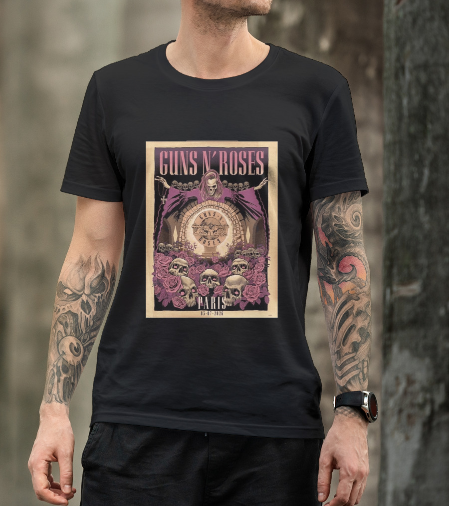 Guns N' Roses Paris 2026 Accor Arena July 3 Event With Skulls And Roses T-Shirt