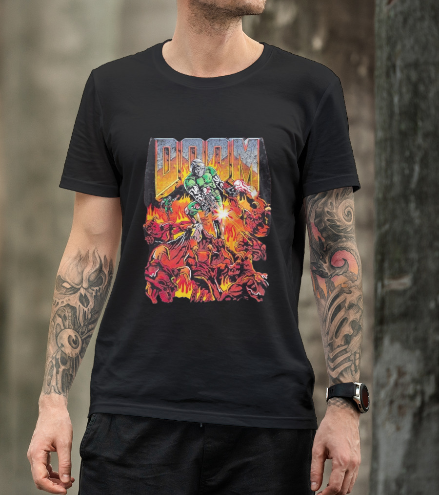 Doom Marine Warren Lotas Retro Video Game Demon Slayer Action Scene T-Shirt