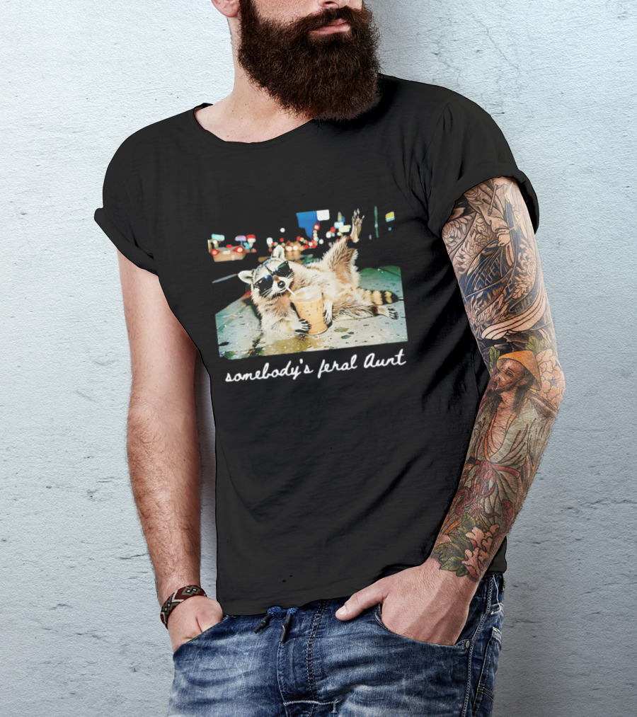 Somebody's Feral Aunt Raccoon Drinking Iced Coffee T-Shirt