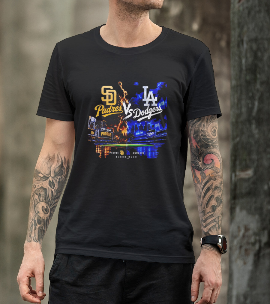 San Diego Padres Vs Los Angeles Dodgers Bleed Blue Petco Park Stadium Lightning T-Shirt