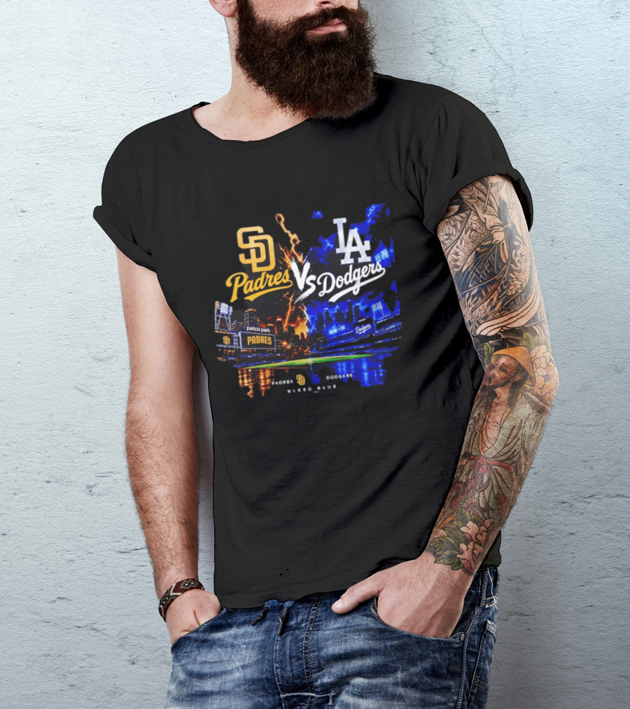San Diego Padres Vs Los Angeles Dodgers Bleed Blue Petco Park Stadium Lightning T-Shirt