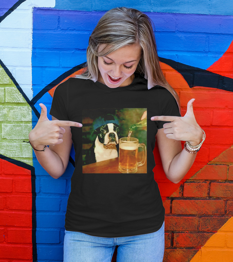 Boston Terrier Baseball Cap Drinking Beer T-Shirt
