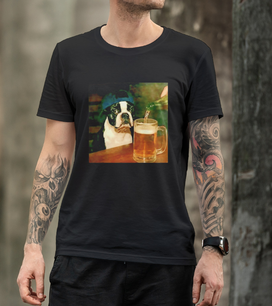 Boston Terrier Baseball Cap Drinking Beer T-Shirt