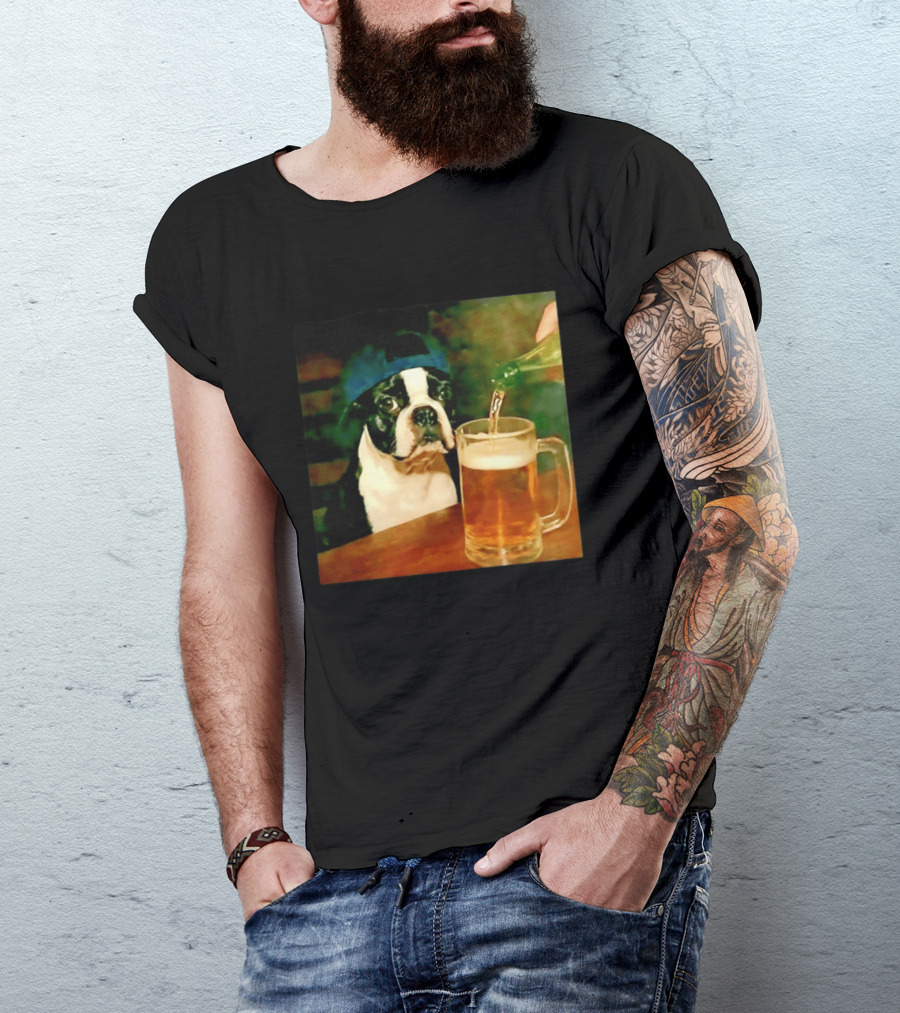 Boston Terrier Baseball Cap Drinking Beer T-Shirt