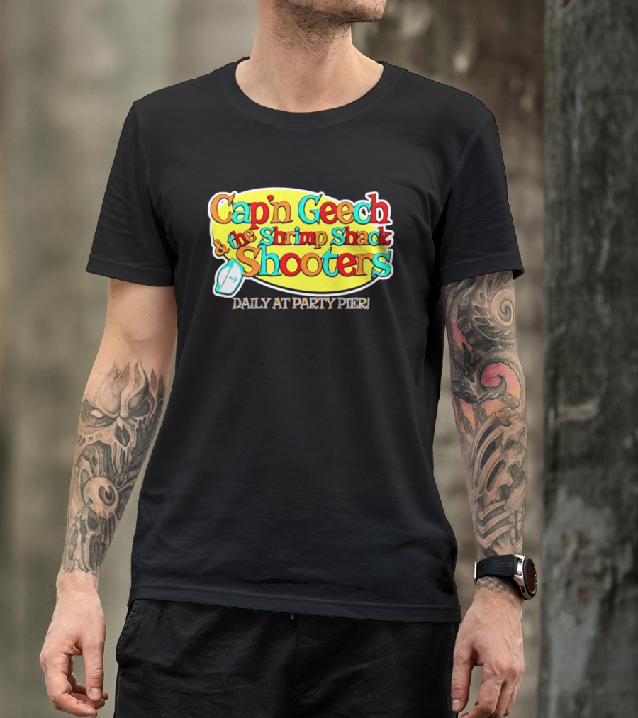 Cap'n Geech And The Shrimp Shack Shooters Daily At Party Pier Logo And Fun T-Shirt