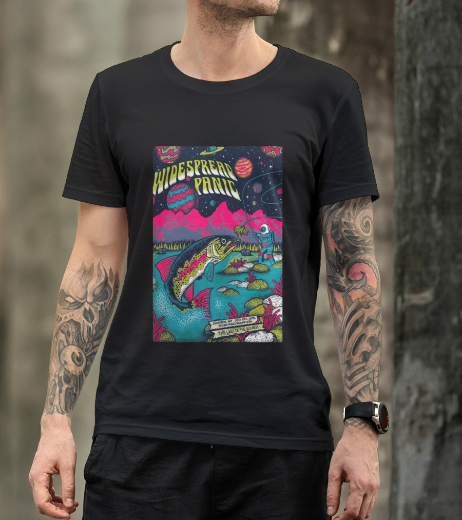 Widespread Panic Jul 5 2026 Snow King Mountain Jackson WY Cosmic Fishing Astronaut And Giant Fish Fantasy Scene T-Shirt