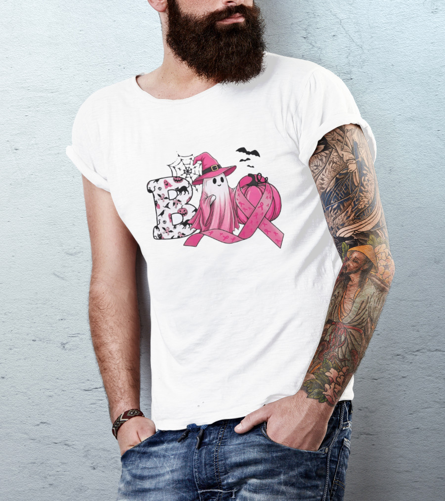 Boo Ghost Witch Pink Breast Cancer Ribbon Halloween Pumpkin T-Shirt
