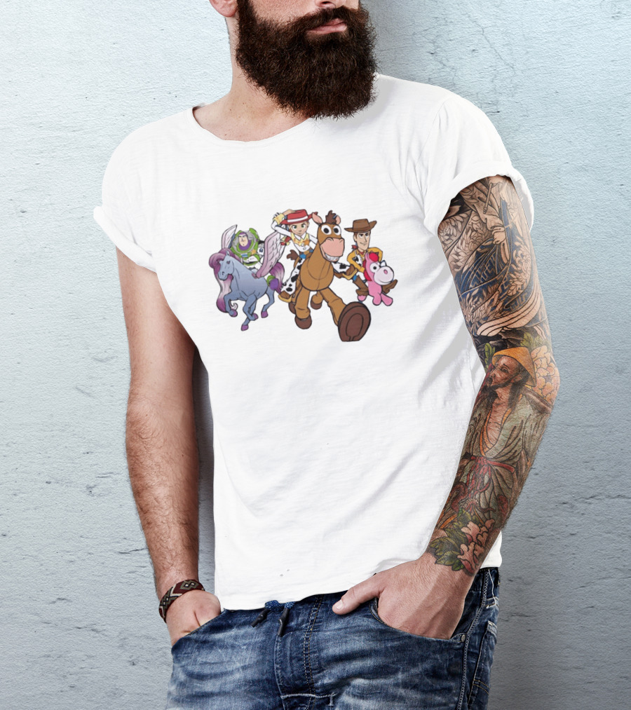 Buzz Lightyear Jessie Bullseye Woody And Buttercup Unicorn Toy Story Characters Running T-Shirt