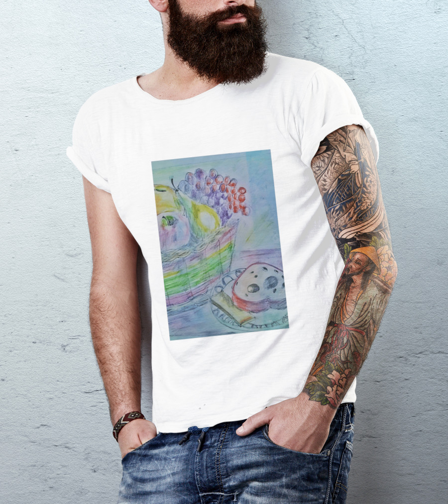 Fruit Basket Bagel Still Life Drawing Pears Apples Grapes Bread T-Shirt