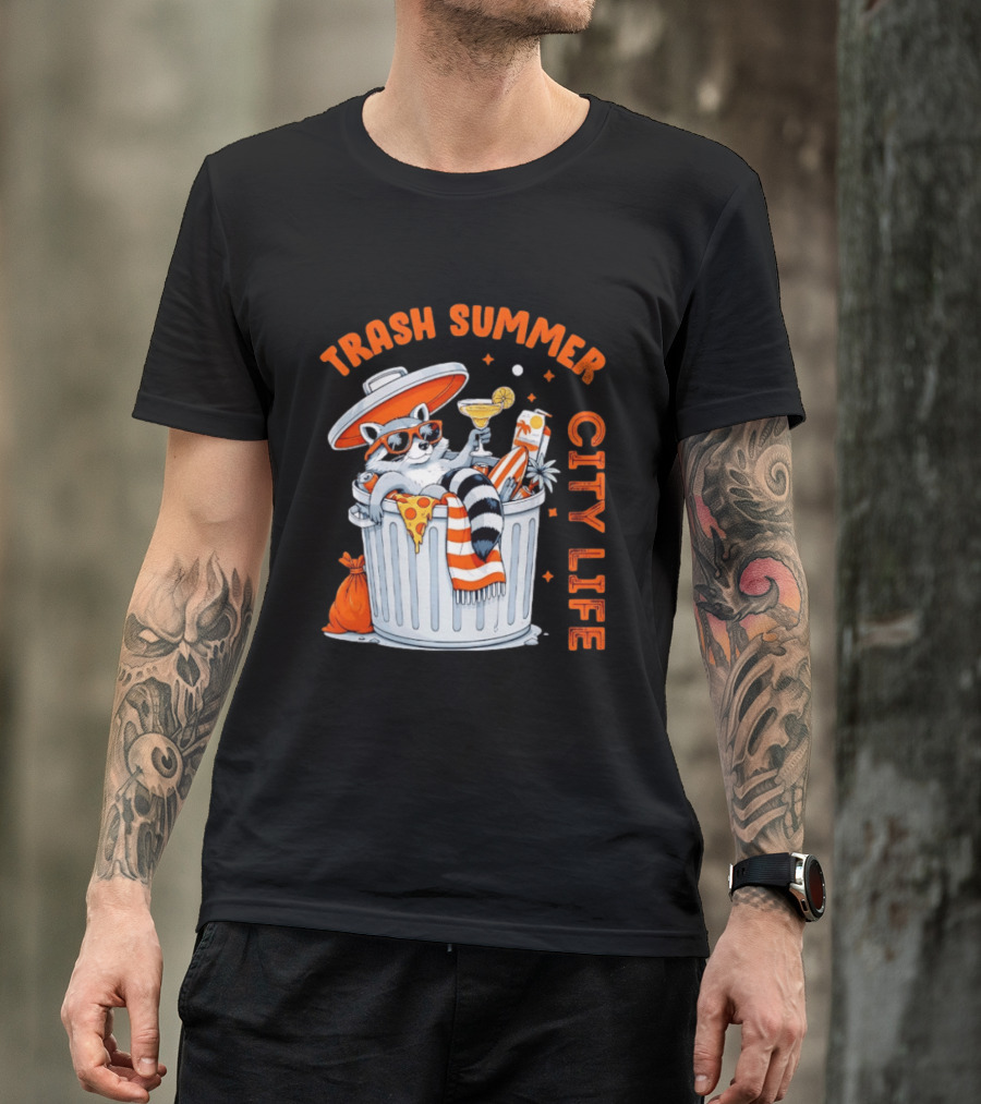 Trash Summer City Life Raccoon Enjoying Urban Vibes With Pizza And Martini T-Shirt