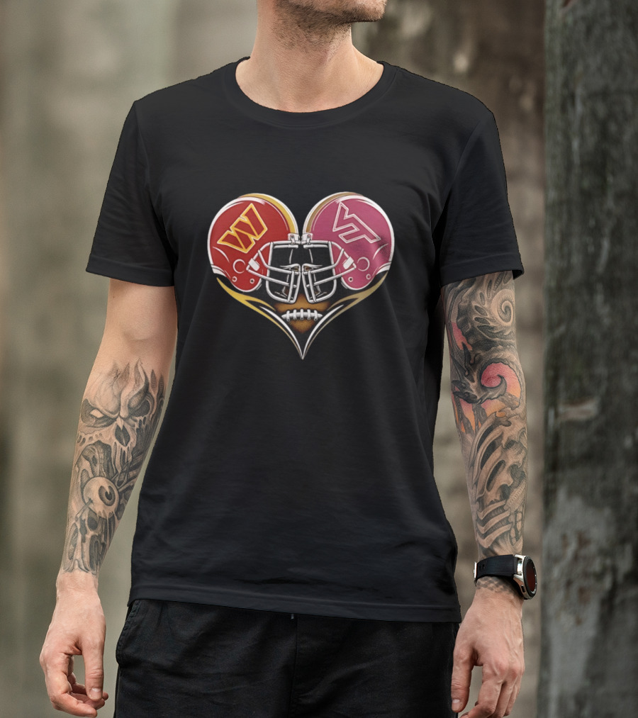 Washington Commanders Virginia Tech Hokies Helmet Heart Dual Team Spirit T-Shirt