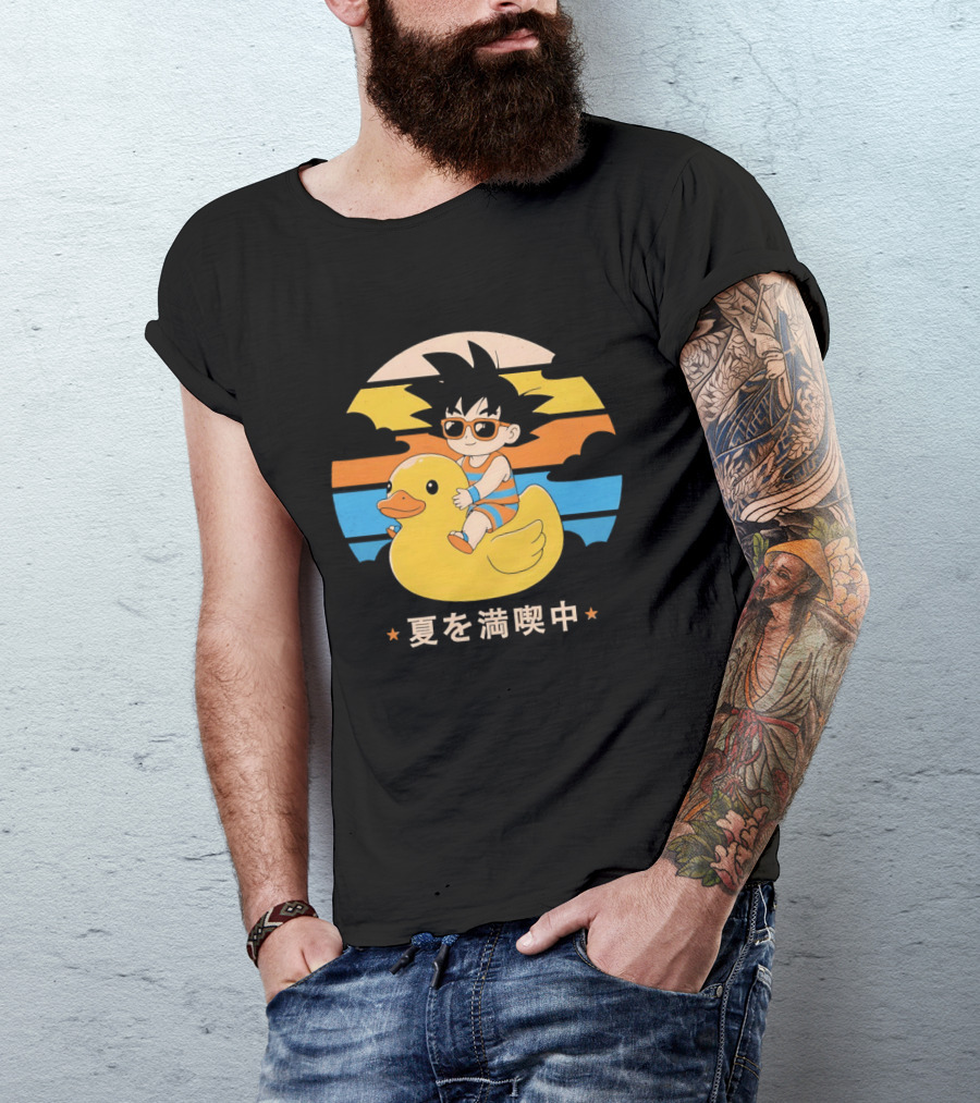 Young Goku Riding Rubber Duck At Sunset Enjoying Summer T-Shirt
