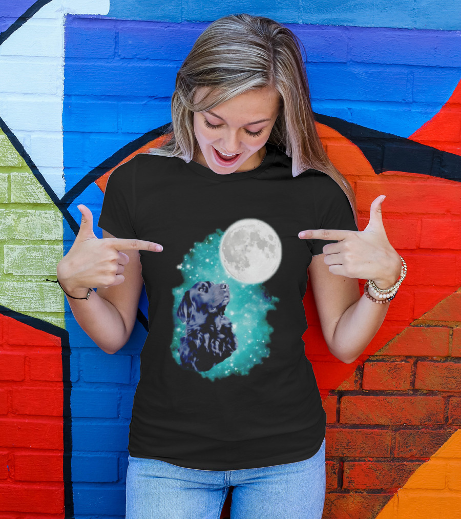 Black Dog Under Moon In Galaxy Space T-Shirt