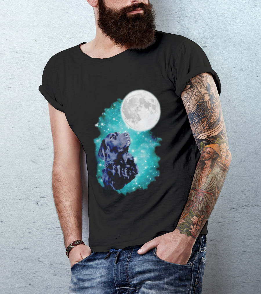 Black Dog Under Moon In Galaxy Space T-Shirt