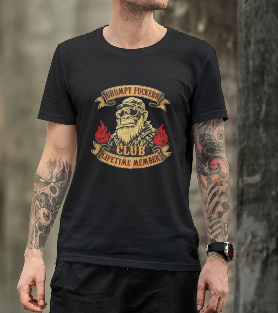 Grumpy Fuckers Club Lifetime Member Monkey With Sunglasses And Flames T-Shirt