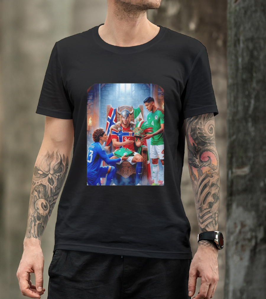 Guillermo Ochoa And Johan Vasquez Offering Mexico Jersey To Viking Erling Haaland With Norway Flag In Throne Room T-Shirt
