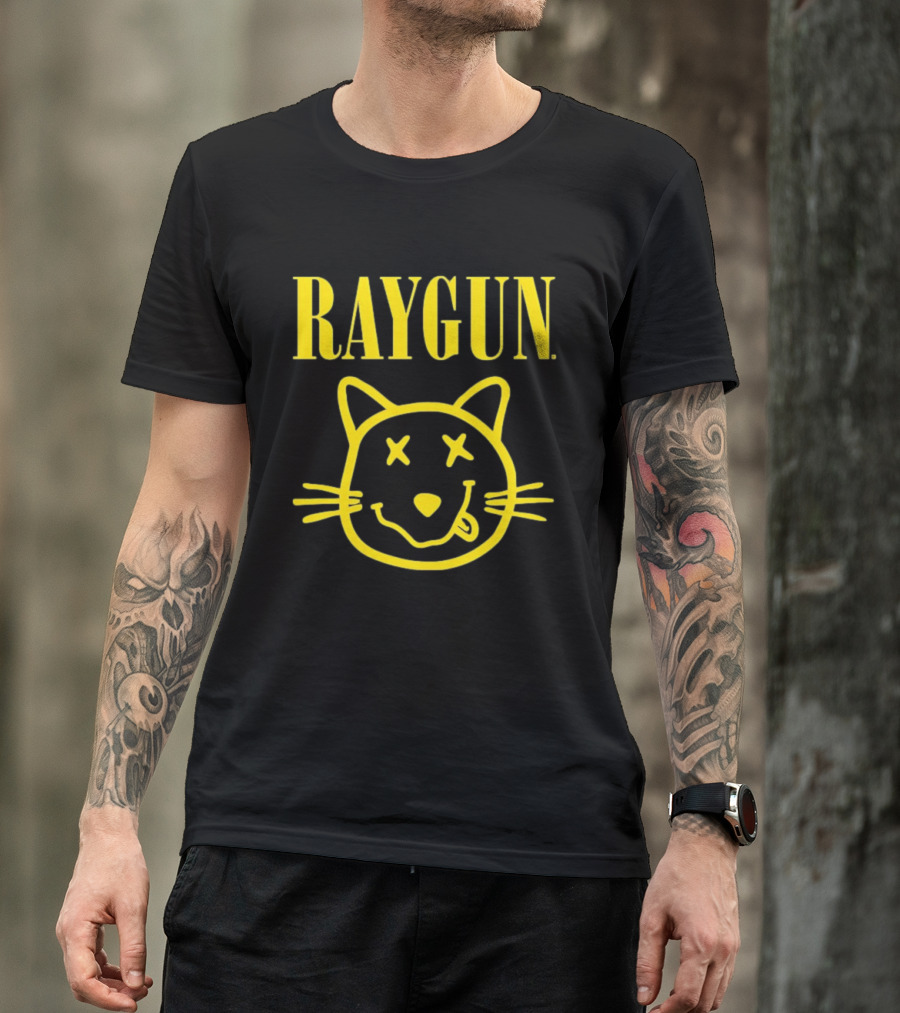 Raygun Smiley Cat Face Neon Yellow Quirky Expression T-Shirt