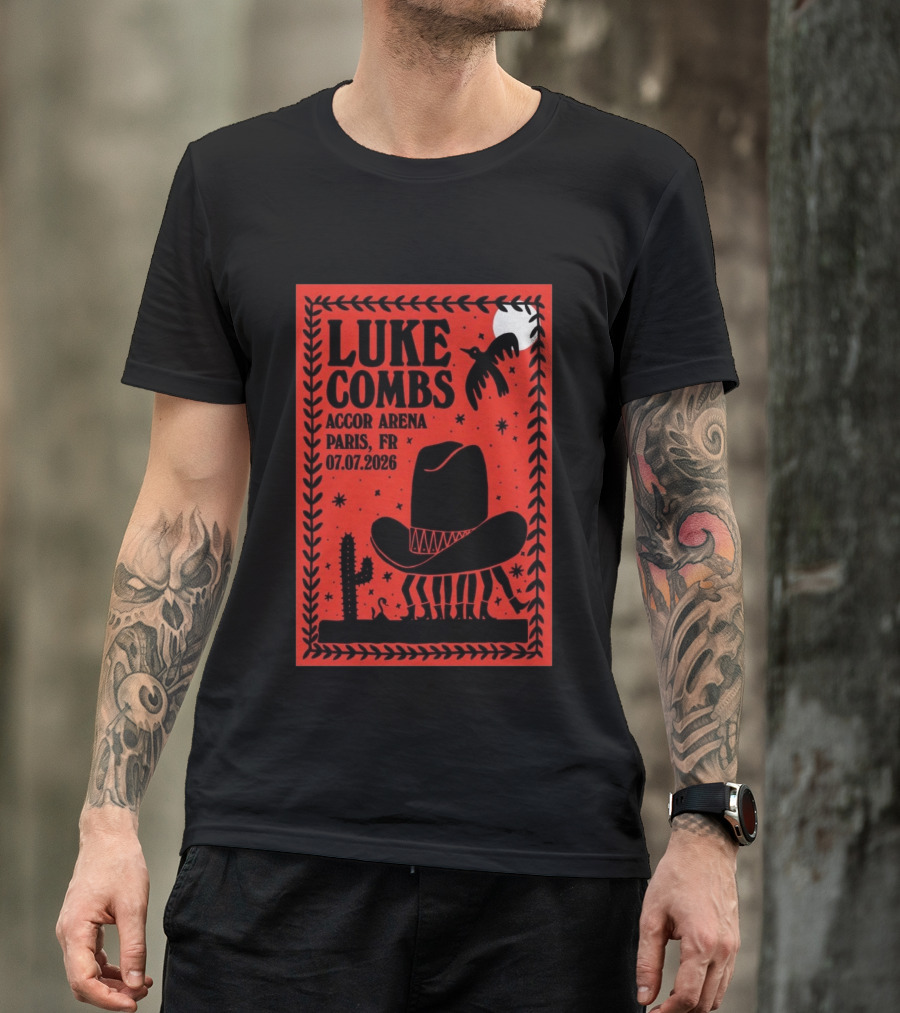 Luke Combs Accor Arena Paris FR 07.07.2026 Cowboy Hat Cactus Moon Desert Scene T-Shirt