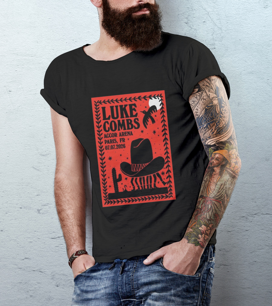 Luke Combs Accor Arena Paris FR 07.07.2026 Cowboy Hat Cactus Moon Desert Scene T-Shirt