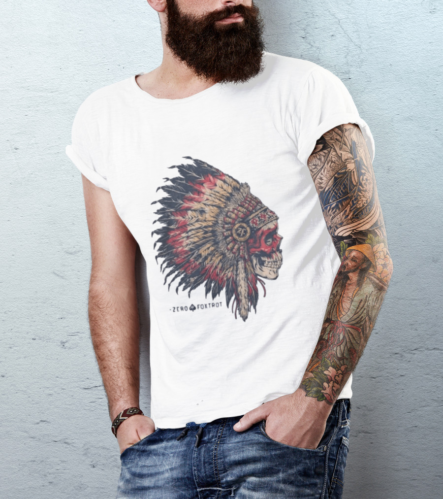 Zero Foxtrot Skull In Feathered Headdress T-Shirt