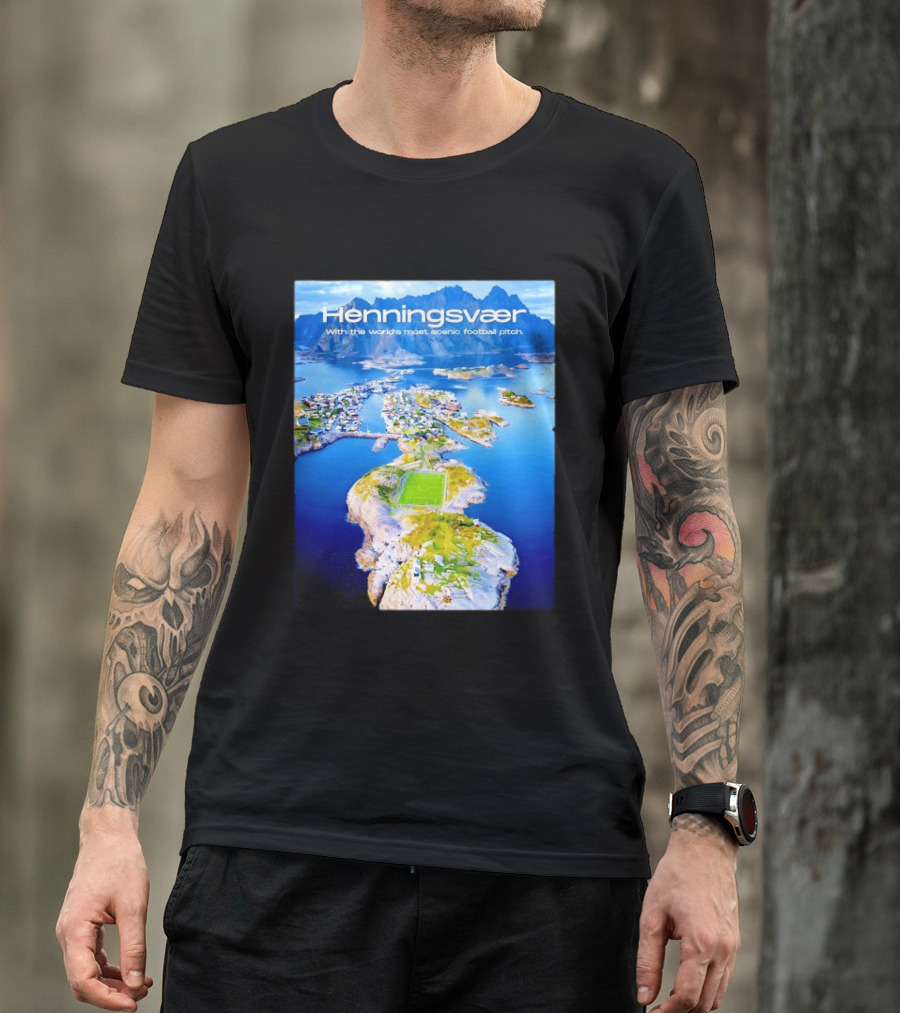 Henningsvaer With The World's Most Scenic Football Pitch Aerial View T-Shirt